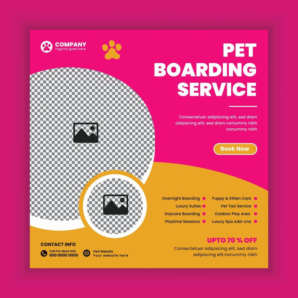 Pet boarding service social media post design or pet business web, online square banner template vector