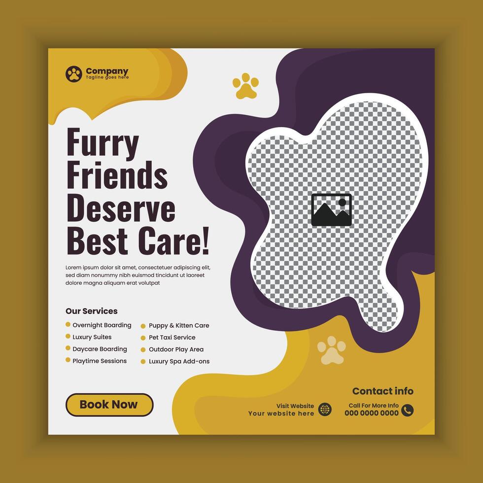 Pet care and boarding service social media post design or pet business web, online square banner template vector