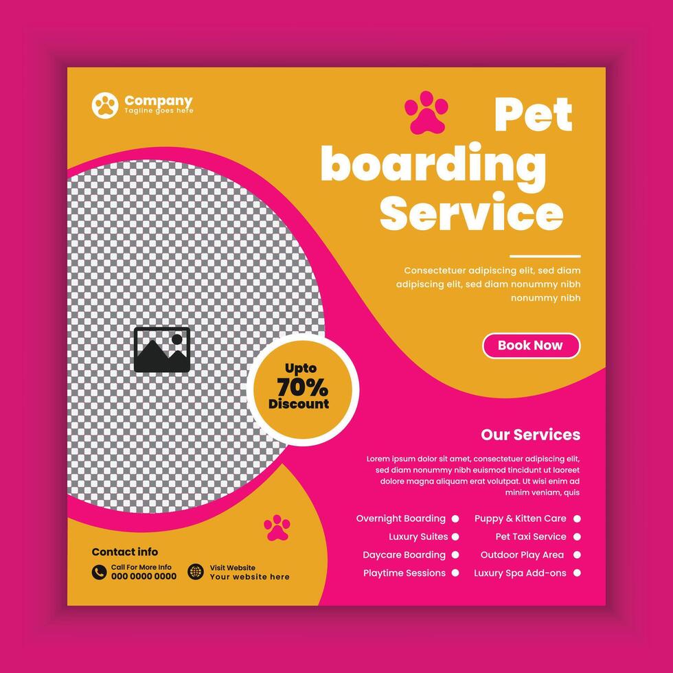 Pet boarding service social media post design or pet parlor business web, online square banner template vector