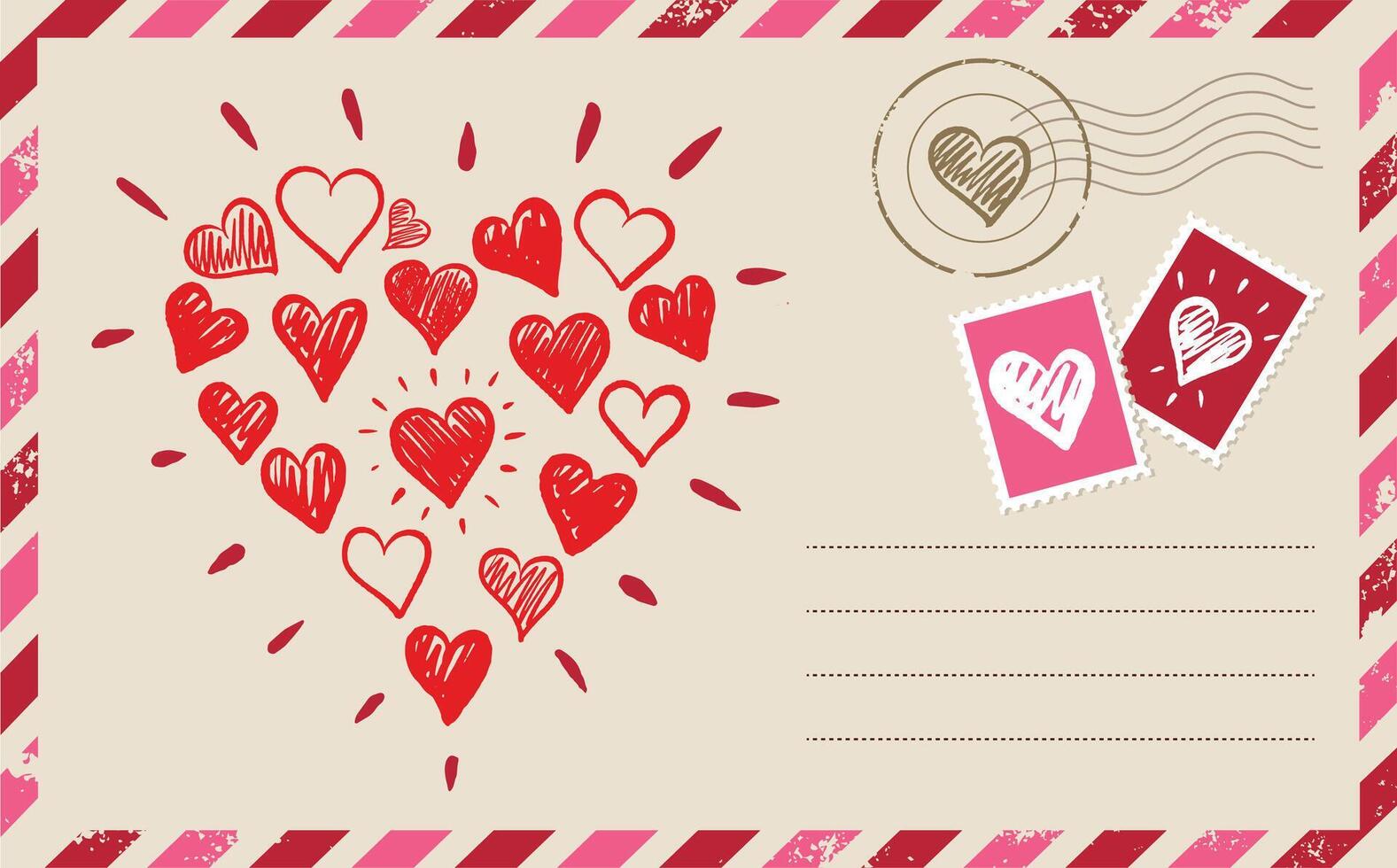 Postcard, card, mail with Heart, hand drawn vector