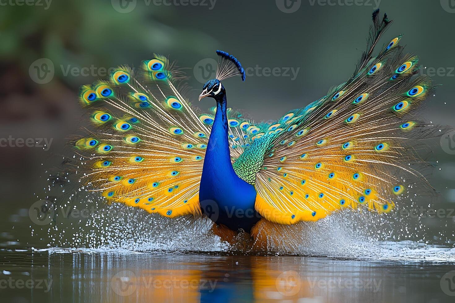 Vibrant Peacock Display in Tranquil Water Setting for Nature Photography photo