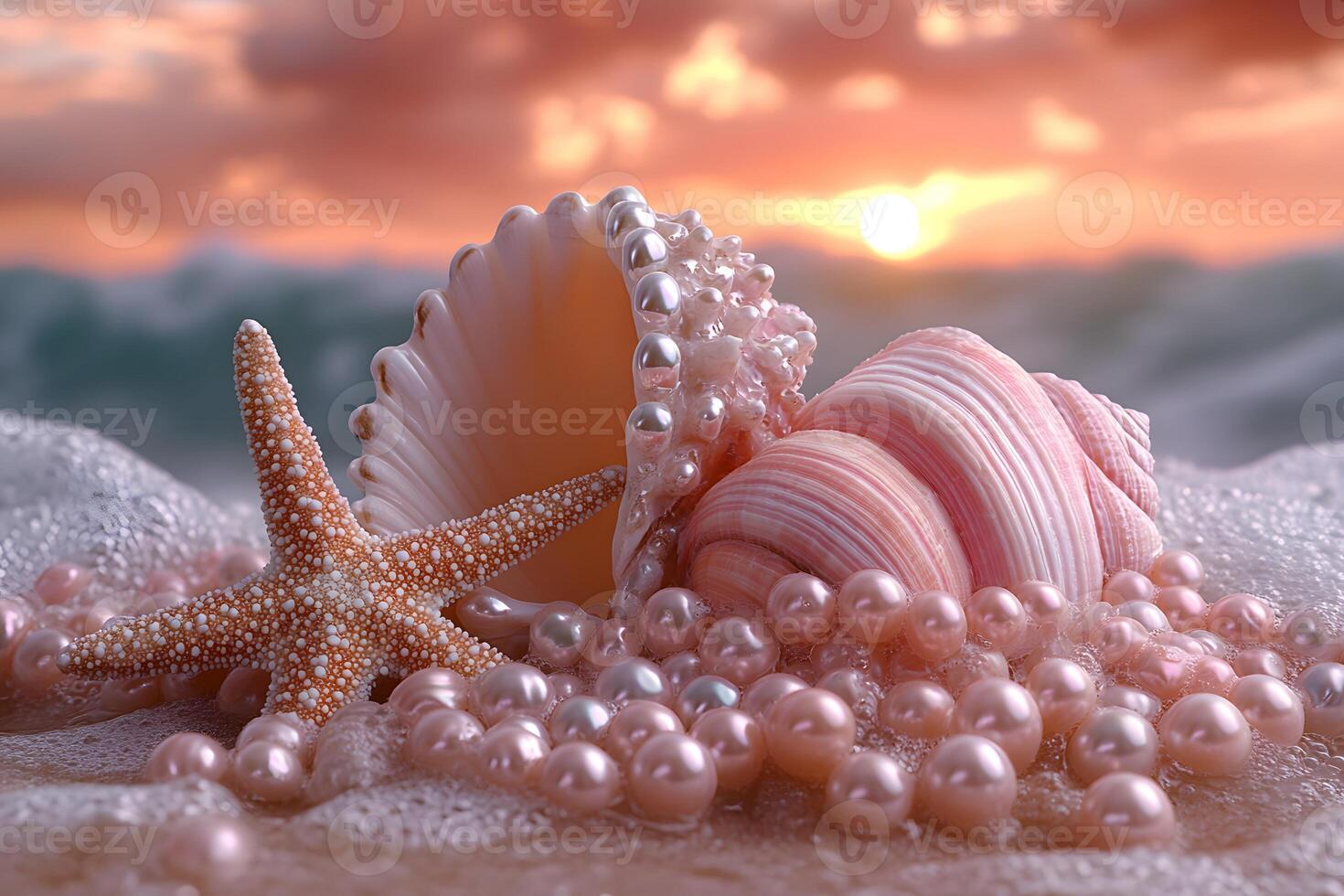Seashell and Pearls on Sandy Beach at Sunset Coastal Summer Theme for Decor and Design photo
