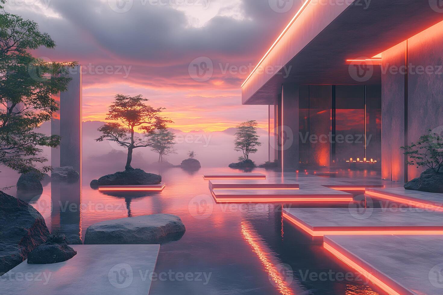 Modern Zen Retreat at Dusk with Illuminated Floating Pathway photo