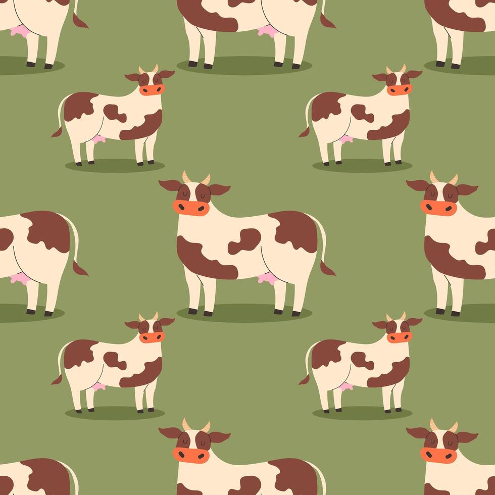Playful cows in flat style on green background seamless pattern vector