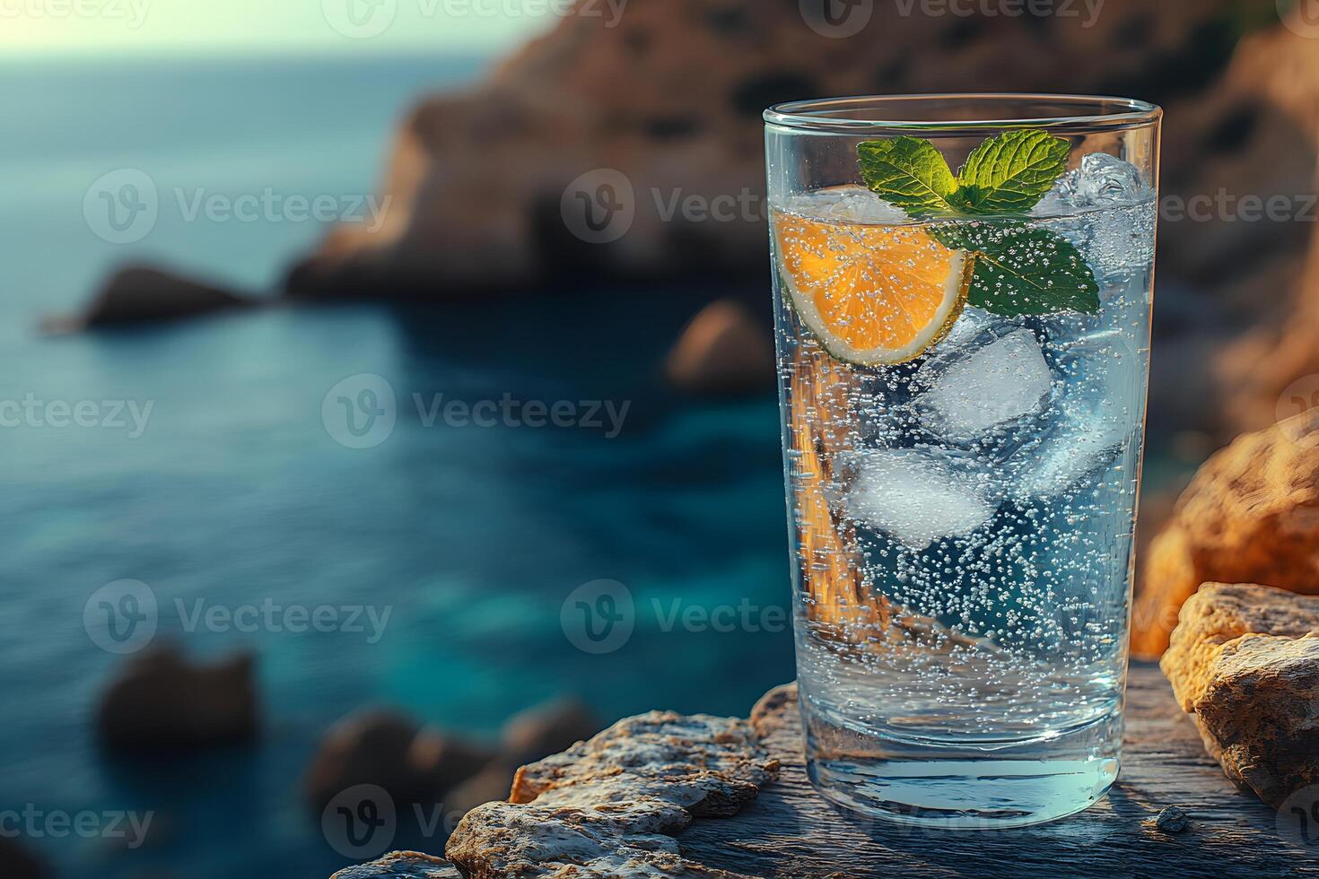 Refreshing Summer Beverage with Citrus and Mint by the Ocean photo