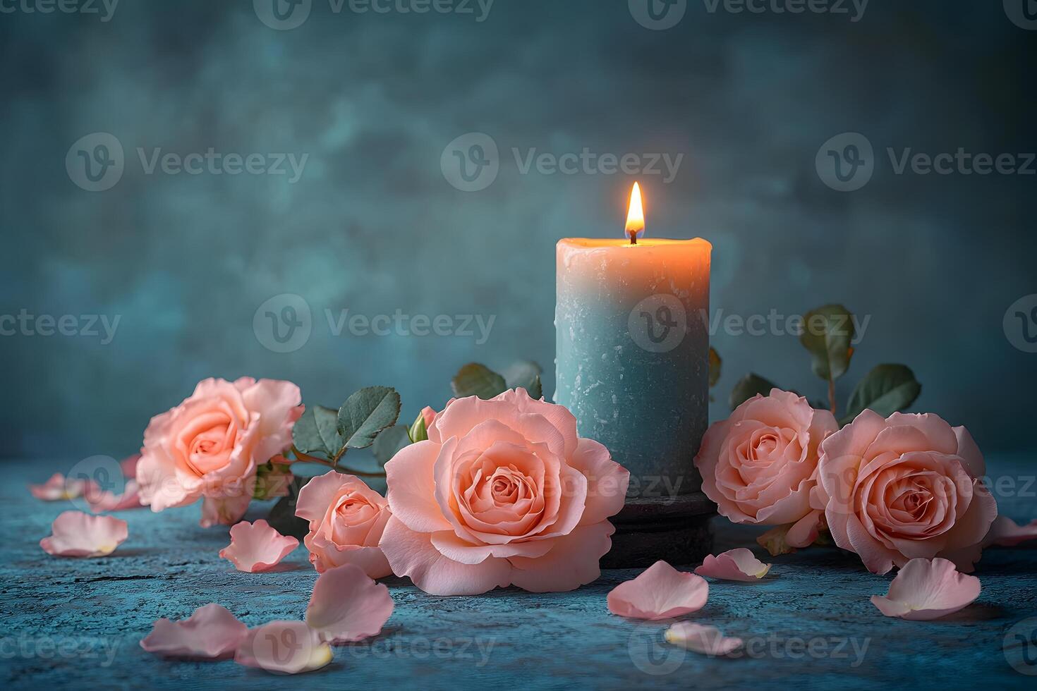 Romantic Candlelit Setting with Pink Roses and Petals for Serenity and Elegance photo