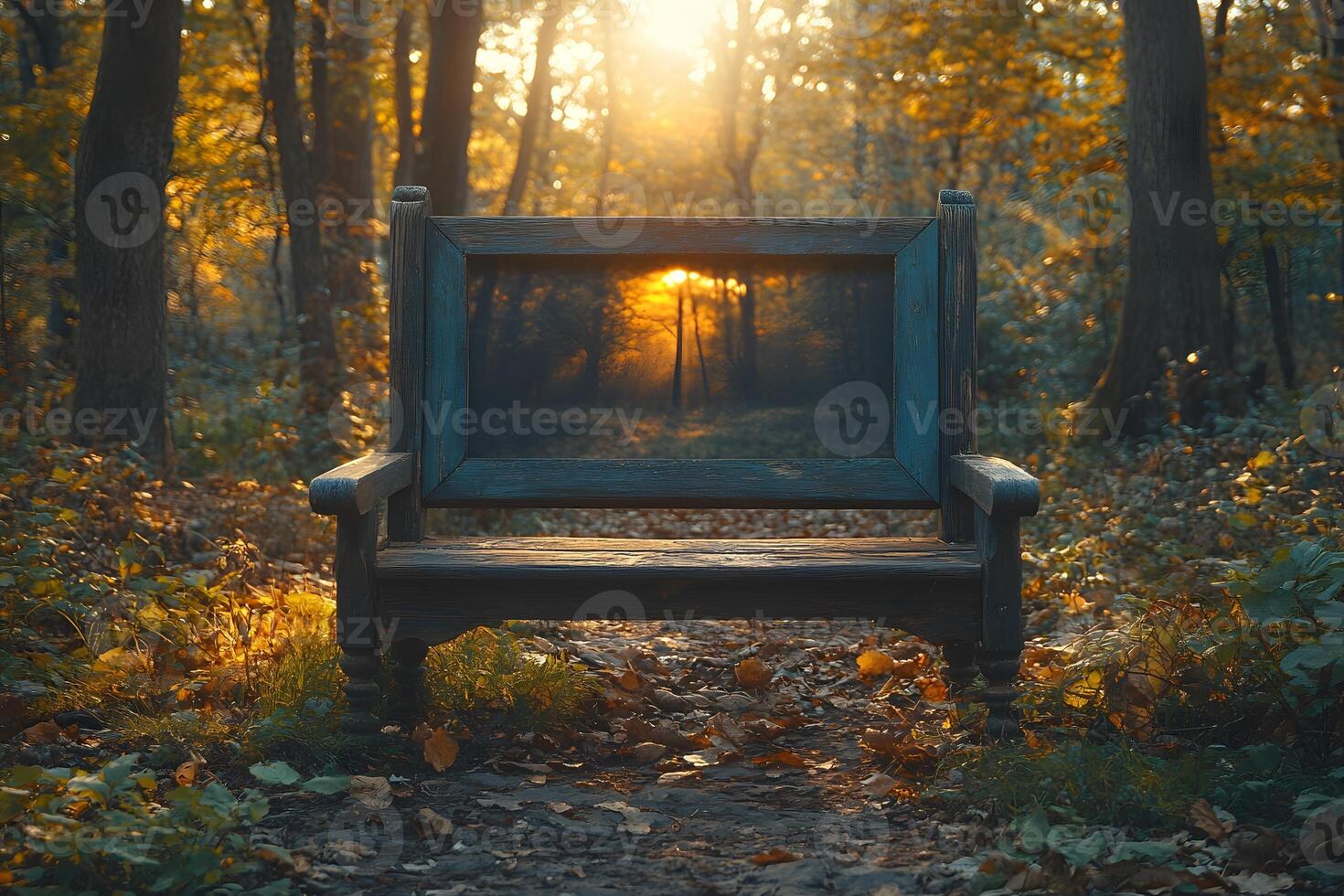 Autumn Forest Reflection on Wooden Bench - Nature Photography for Posters and Prints photo