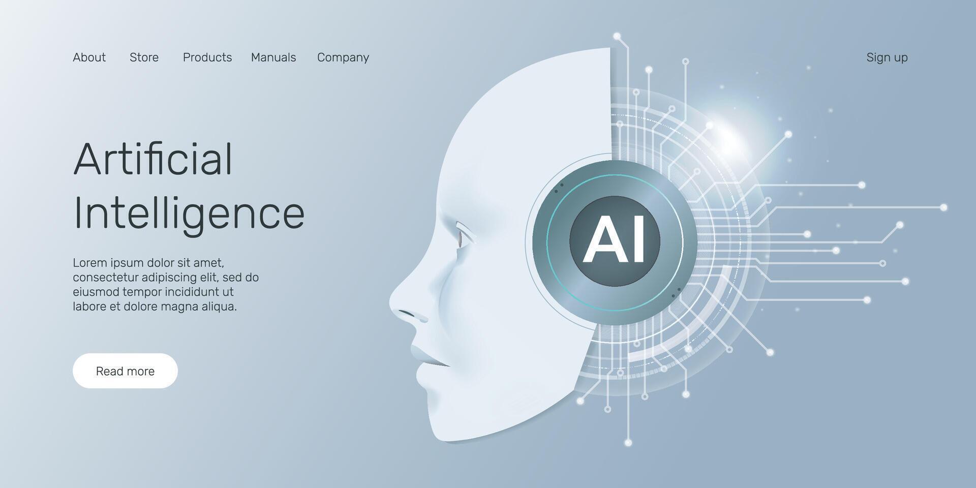 Web banner AI humanoid head side view, AI digital brain, machine learning, neural network, Artificial Intelligence AI landing page concept. vector