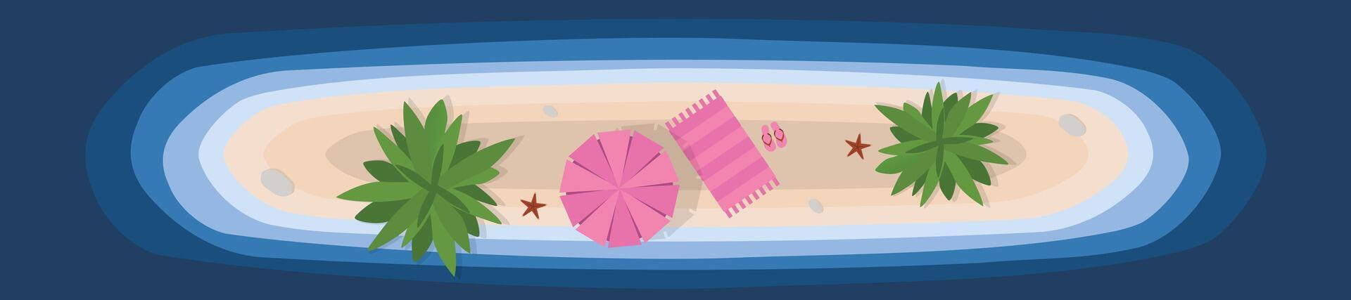 Hello summer poster. Top view island beach background with umbrella. Summer vacation banner vector