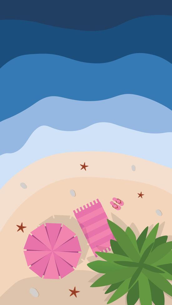 Hello summer banner. Top view beach island background with umbrella. Summer vacation poster vector