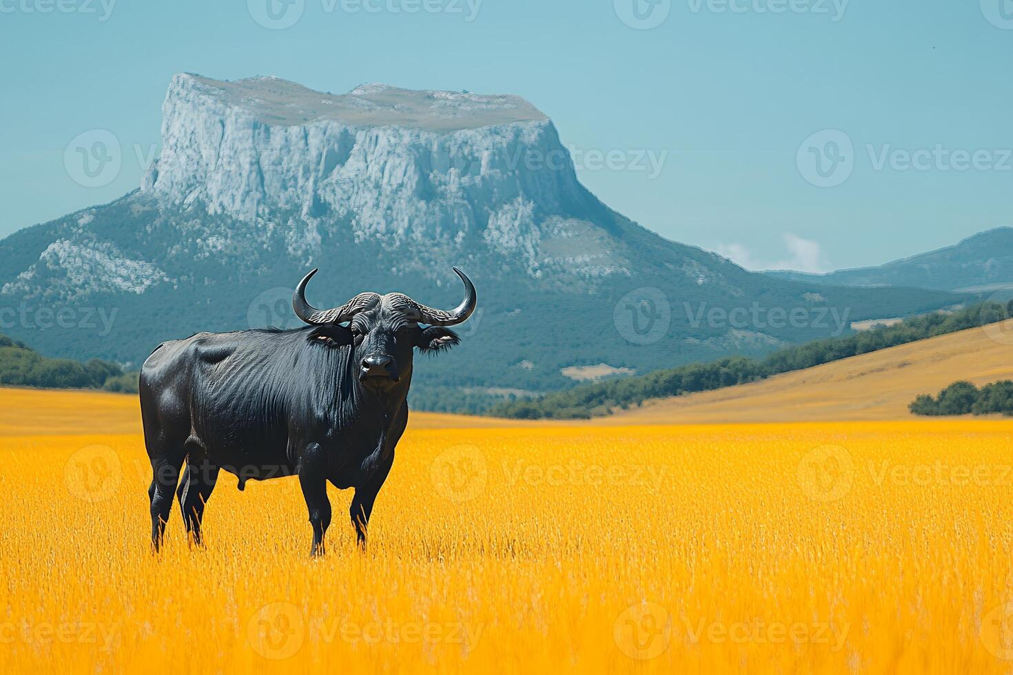 Majestic Buffalo Standing in Vibrant Yellow Field Against Mountainous Backdrop photo
