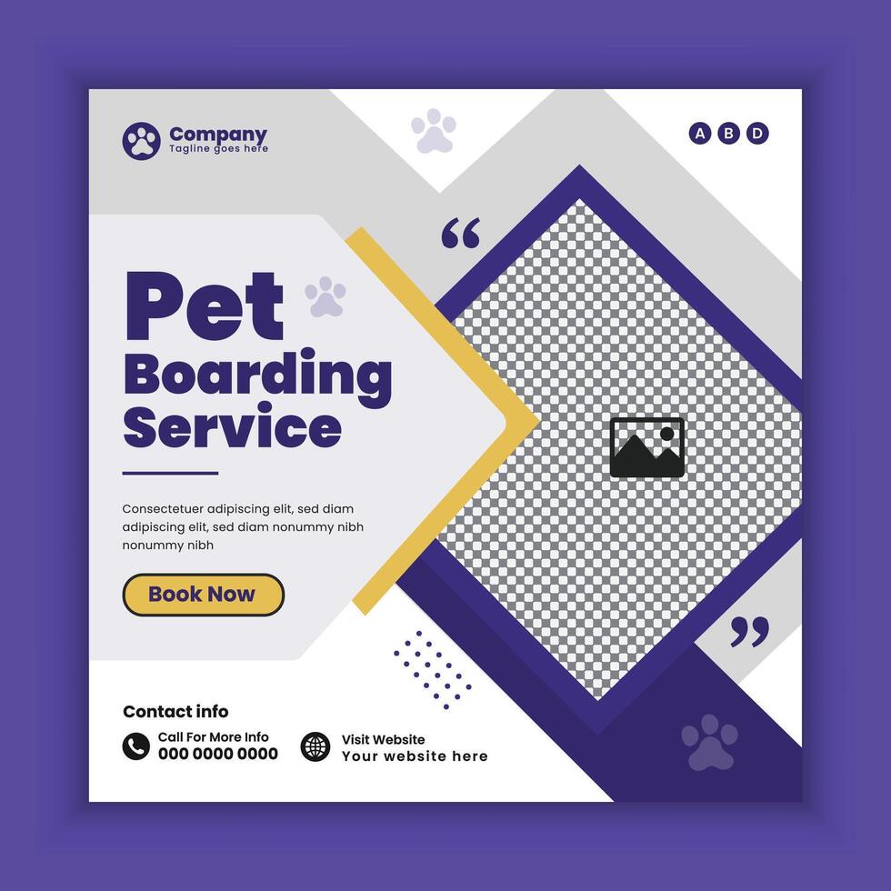 Pet boarding service social media post design or pet business online square banner template vector