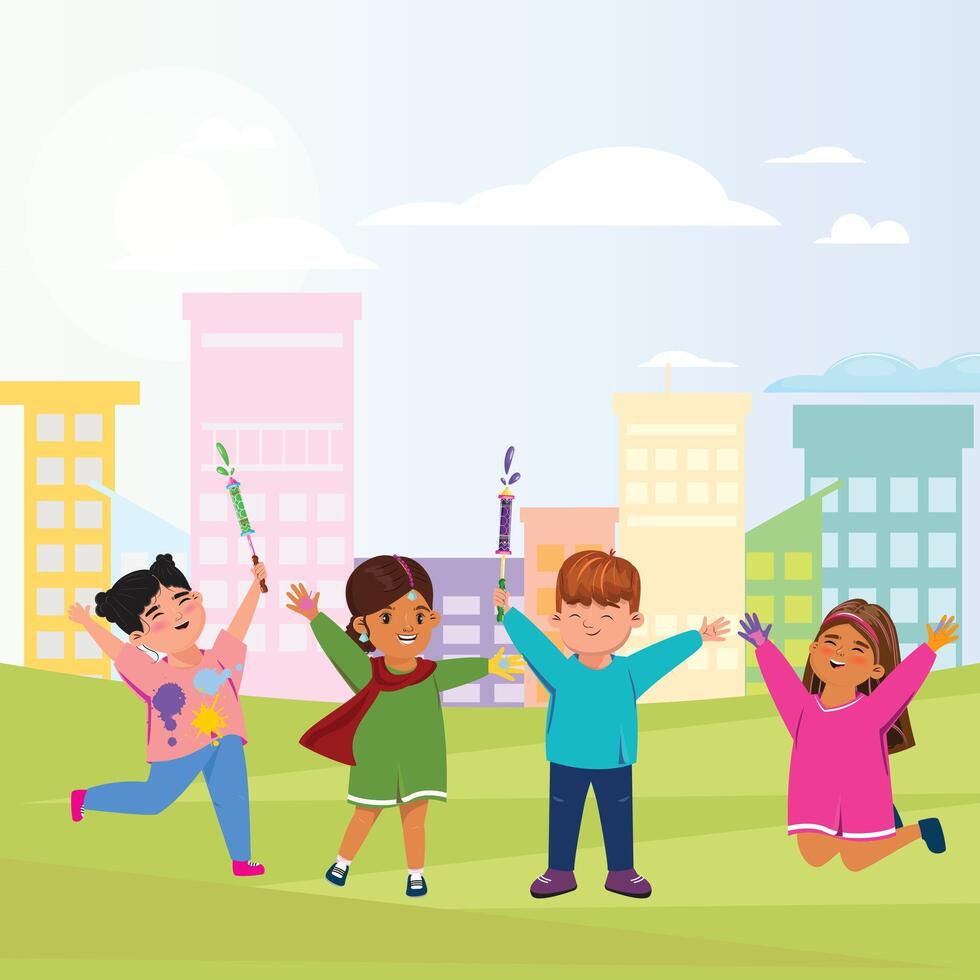 Wide shot of a Holi celebration, children of different ages engaged in playful color fights, capturing the essence of community and the inclusive spirit of the festival vector