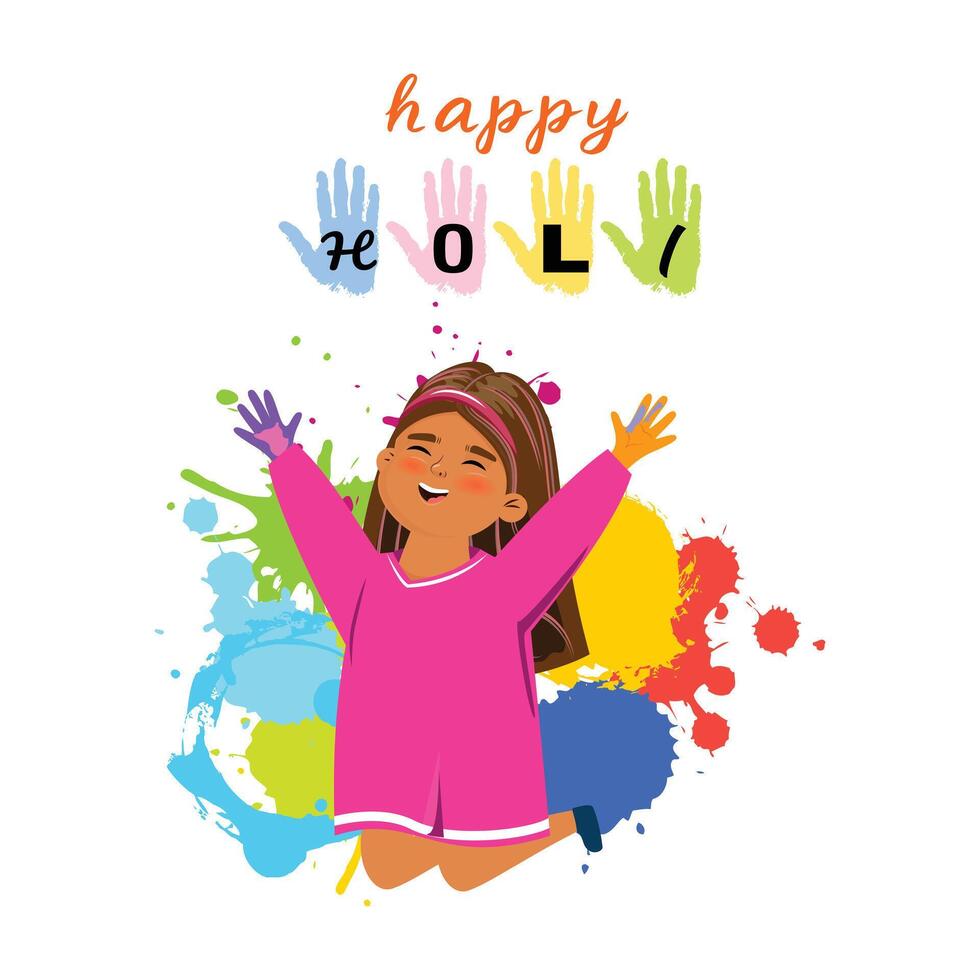Happy girl playing Holi, tossing vibrant gulal powder, symbolizing the festive spirit of the Hindu spring festival vector