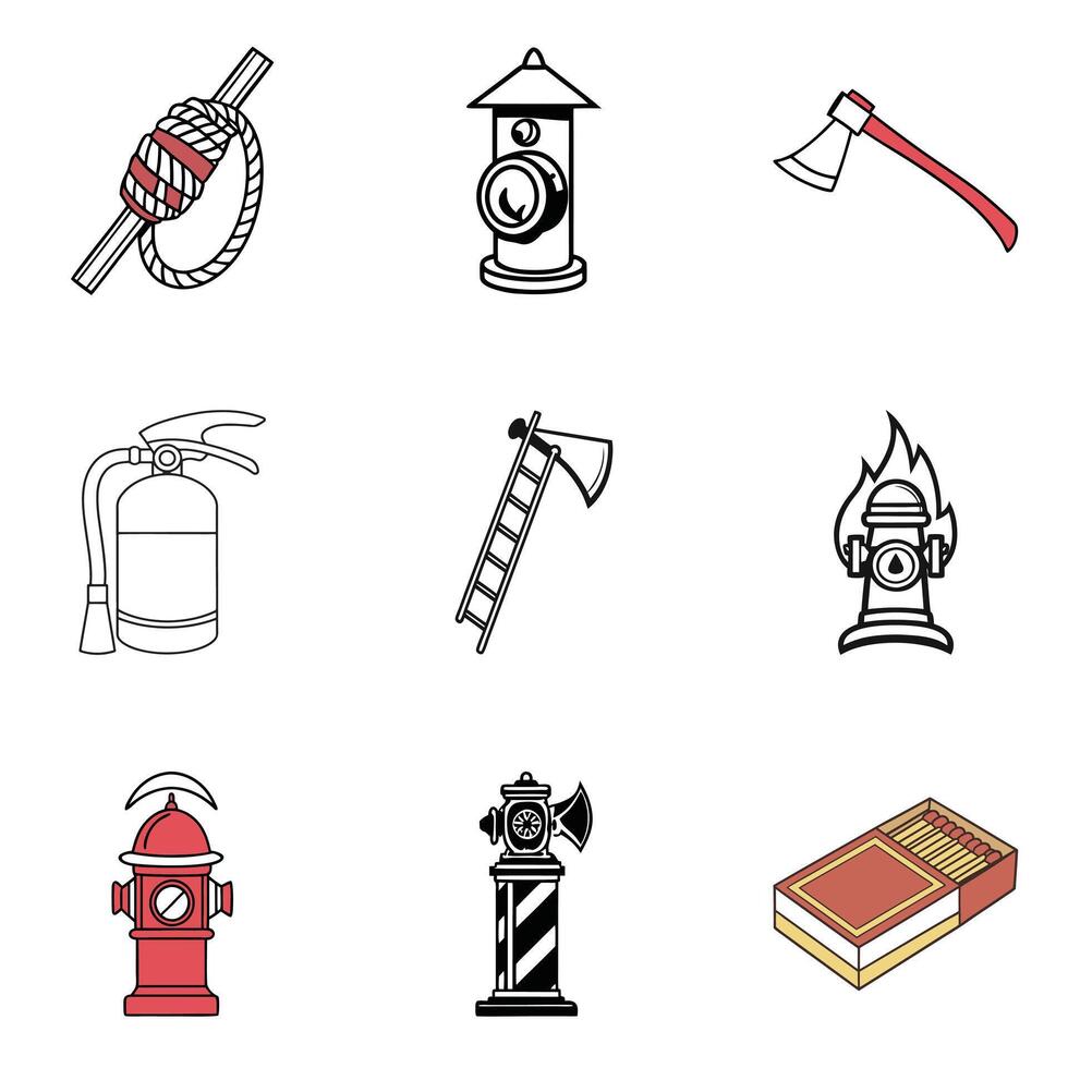 Fireman icon set in black and white illustration vector
