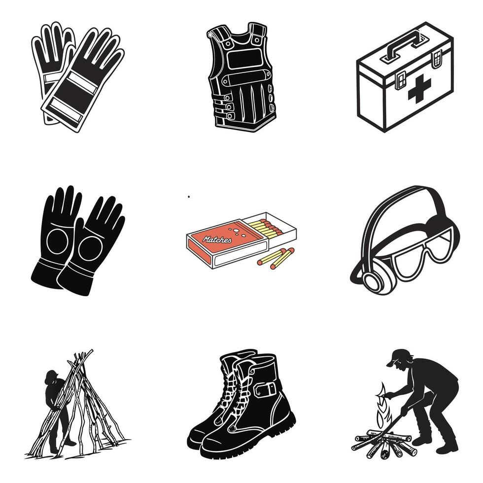 Various items including gloves, boots, and other items vector