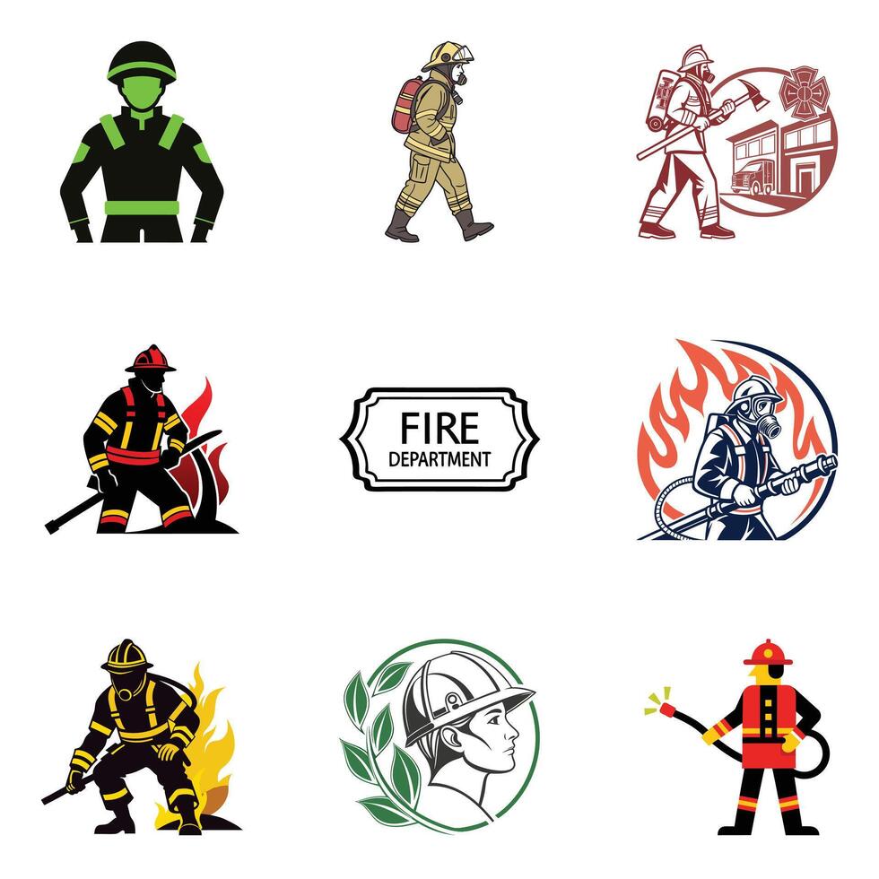 Firemen and firemen icons set vector