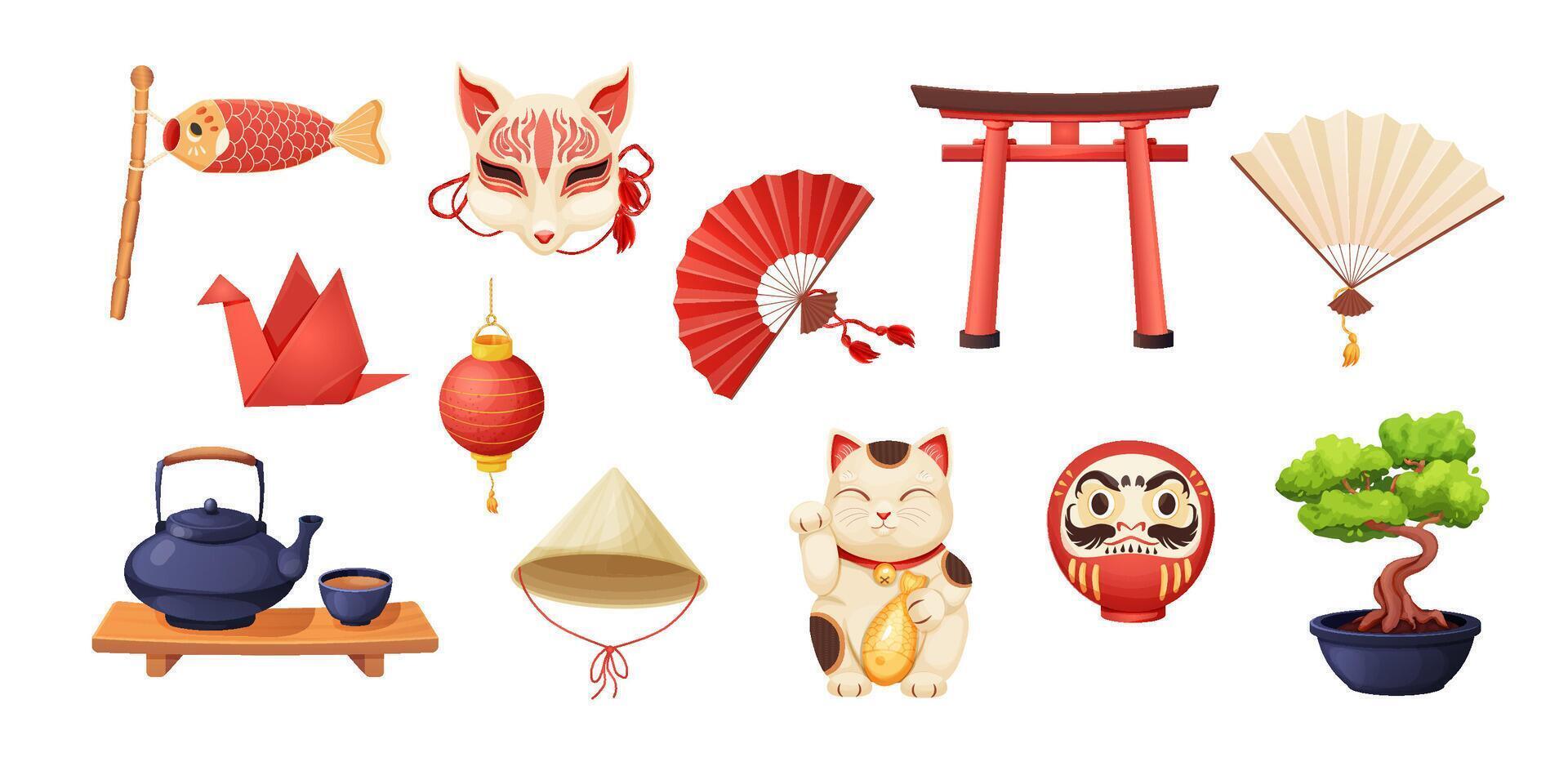 Japan set with traditional elements bonsai tree, koinobori flag, fun, maneki neko cat, origami crane and teapot with tea cups isolated on white background. vector
