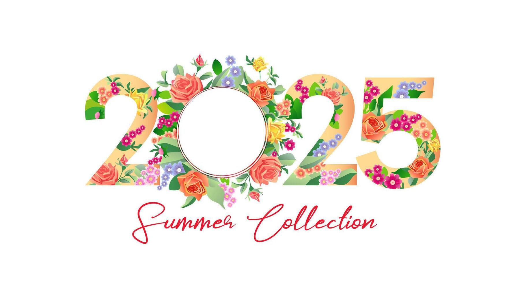 2025 Summer Collection, special offer symbol with flowers and leaves. vector