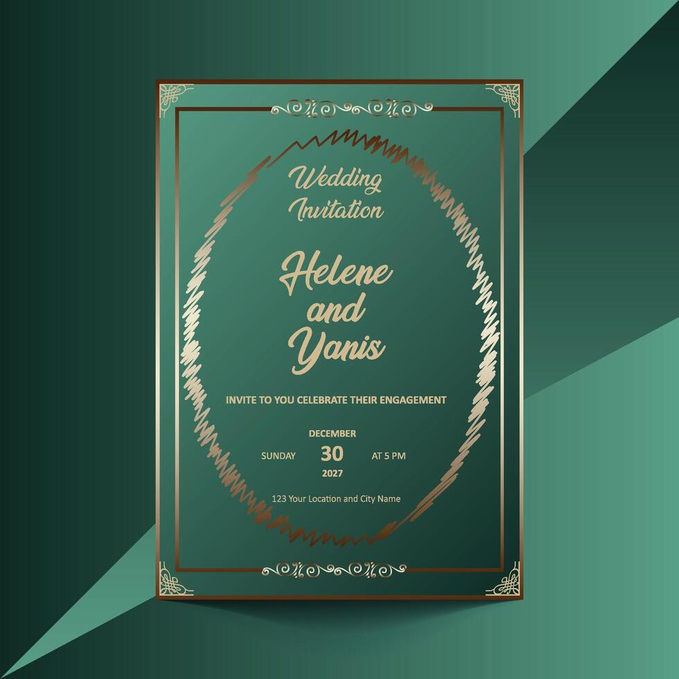 Beautiful wedding invitation template showcasing intricate patterns and space for names and event details vector