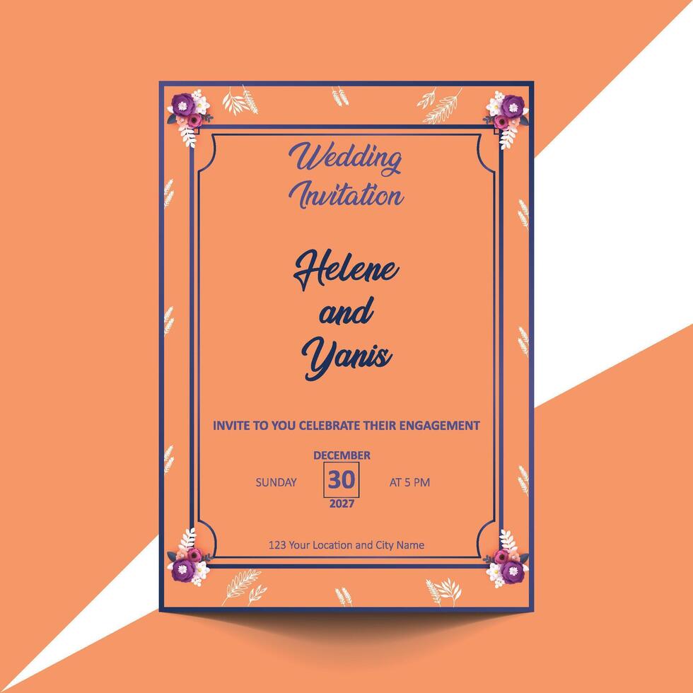An elegant orange wedding invitation card featuring a delicate floral design, perfect for a romantic celebration. vector