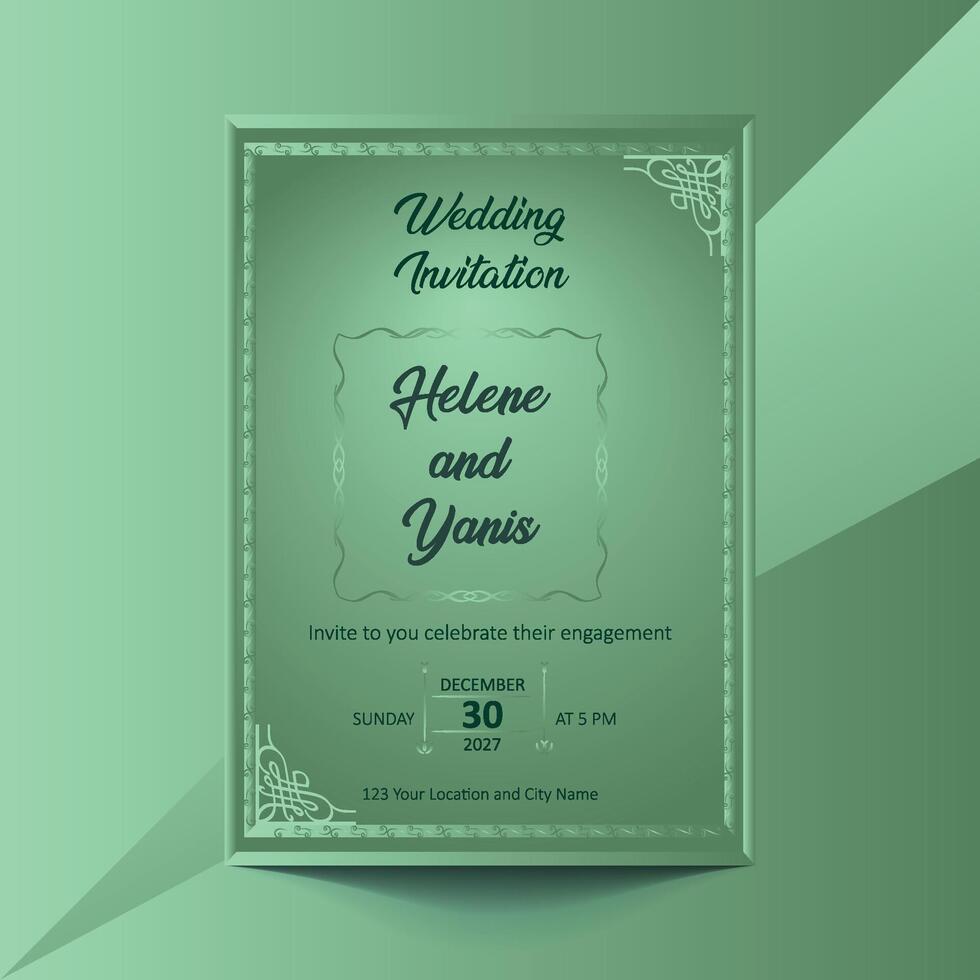 Elegant wedding invitation template featuring a lush green background, perfect for a romantic celebration. vector