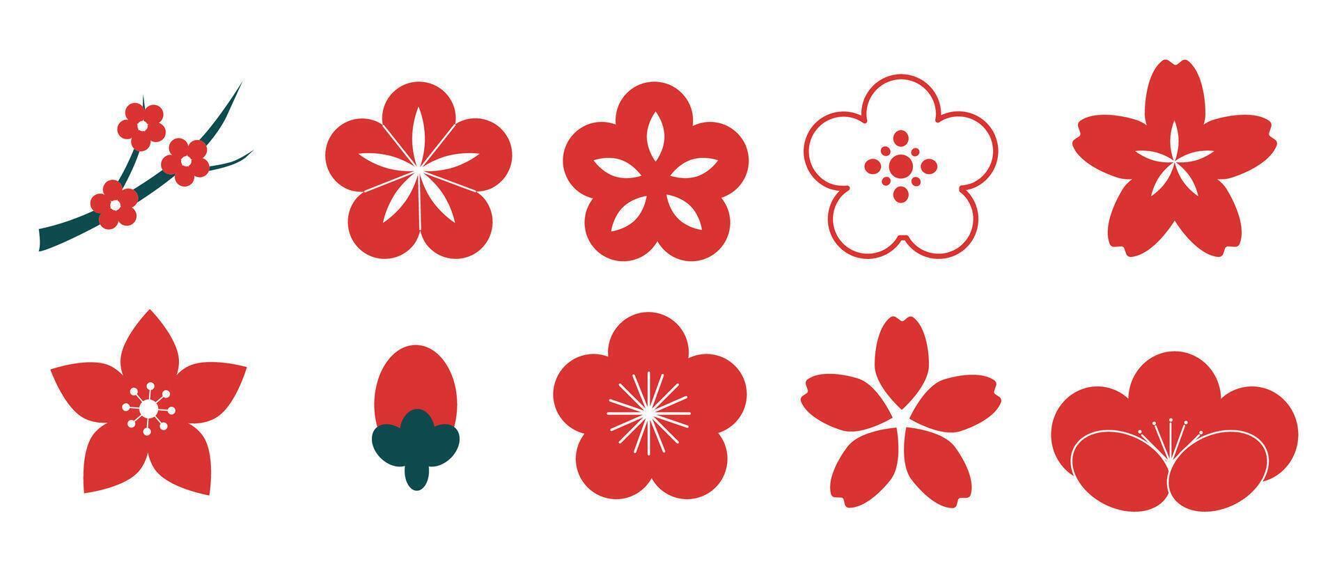 Sakura red cherry flower blossom, simple silhouette petal. Spring pretty eastern decoration. vector