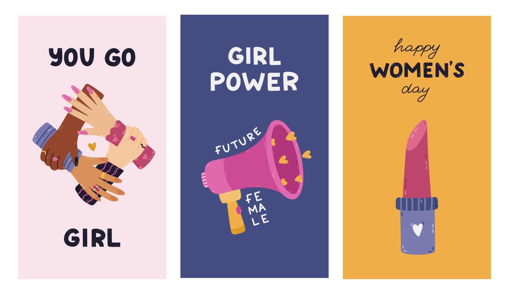 Trendy vivid vertical stories set for International Women s Day with feminist, girl power clipart. Holiday banner for social media with lipstick, megaphone with hearts, women making circle with hands. vector