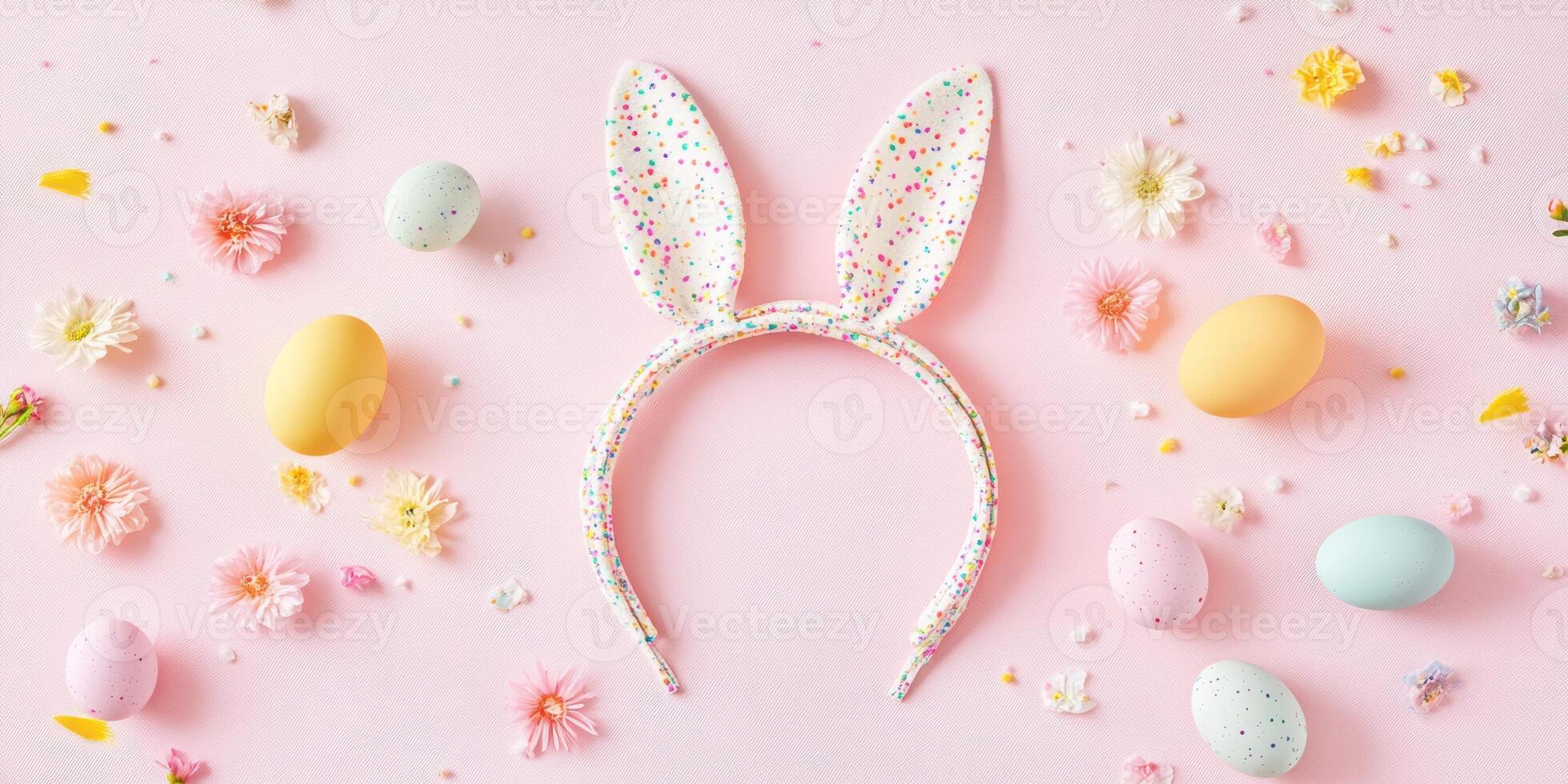 Colorful easter bunny ears on pastel backdrop with easter eggs and flowers photo