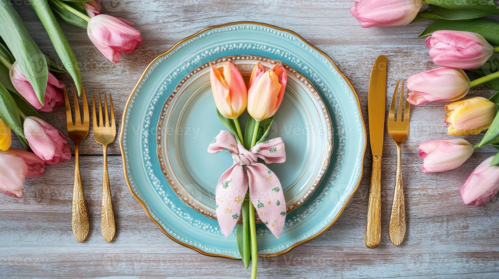 Elegant table setting with tulips and gold cutlery on rustic wooden surface photo