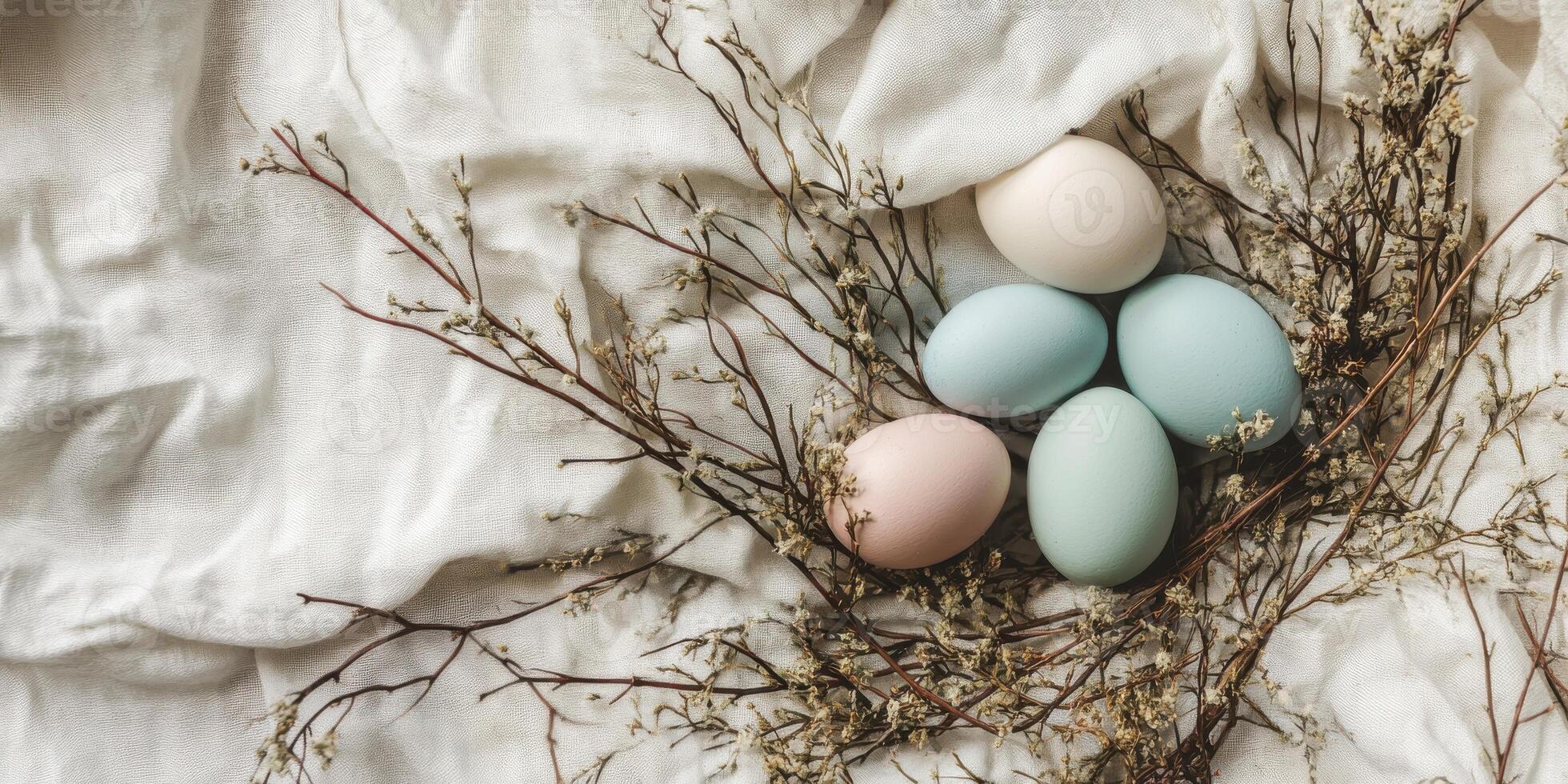 Pastel easter eggs with delicate branches on soft fabric background photo