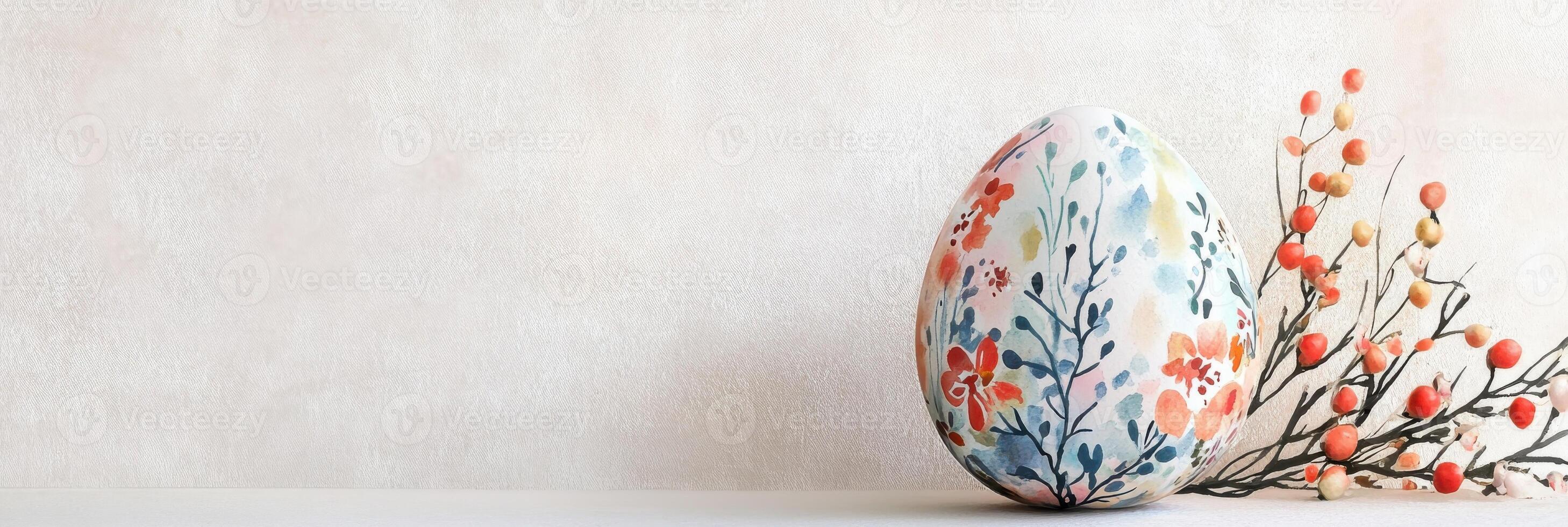 Decorative easter egg with floral patterns on minimalistic background photo