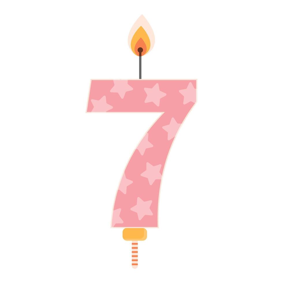 Pink birthday cake candle with flame light. Number 7. Seven year old celebration. Birthday party item. Flat illustration isolated on white. vector