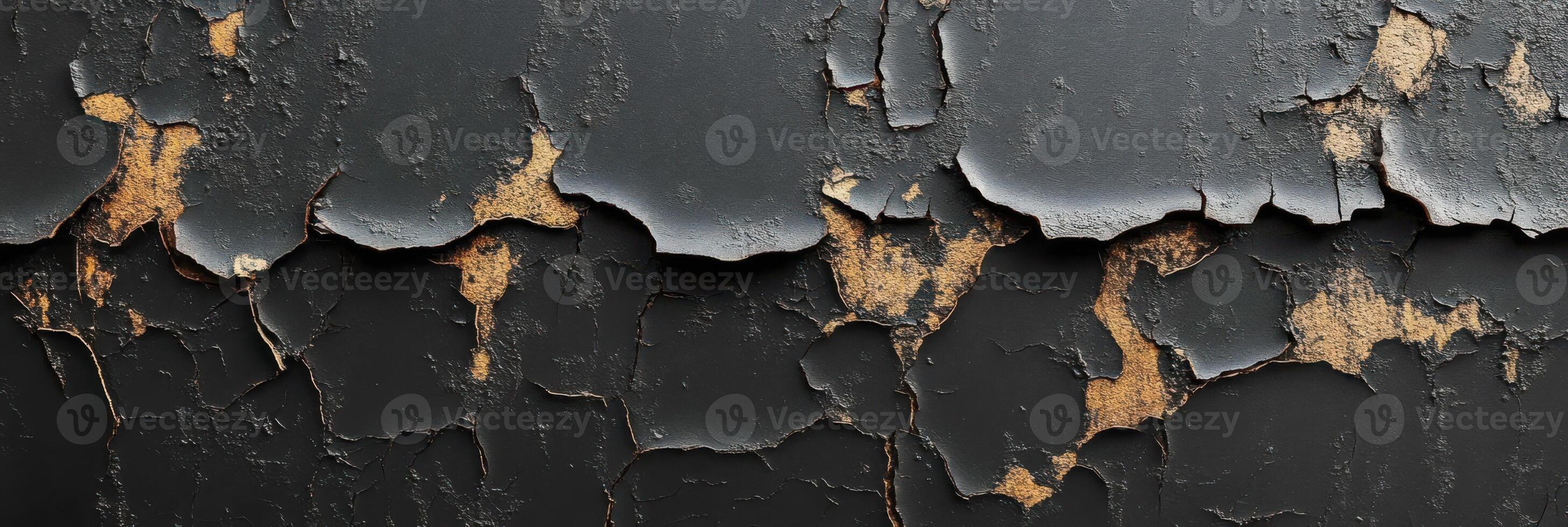 Peeling black paint on old wooden surface revealing textured layers photo