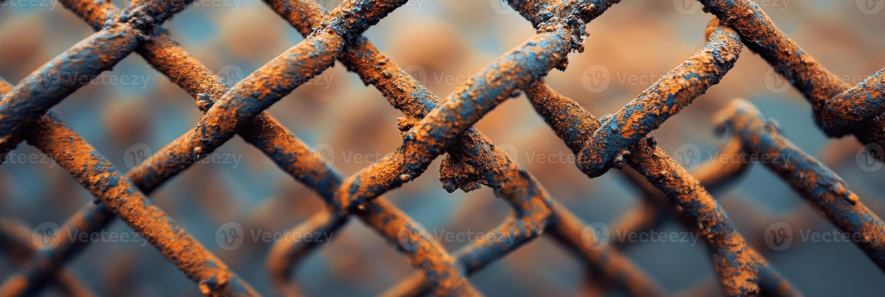 Close-up of rusted metal fence with orange and blue colors creating texture photo