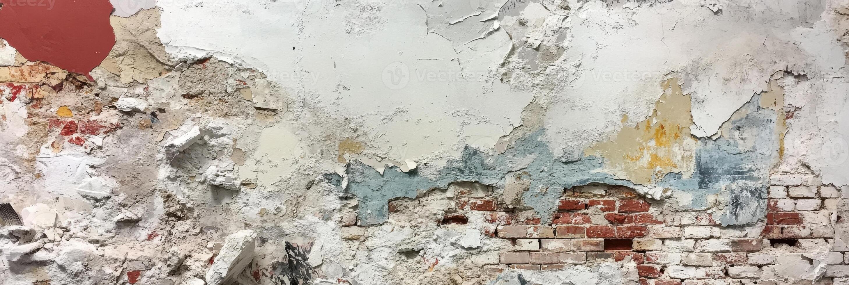 Weathered brick wall with peeling paint and crumbling plaster texture photo
