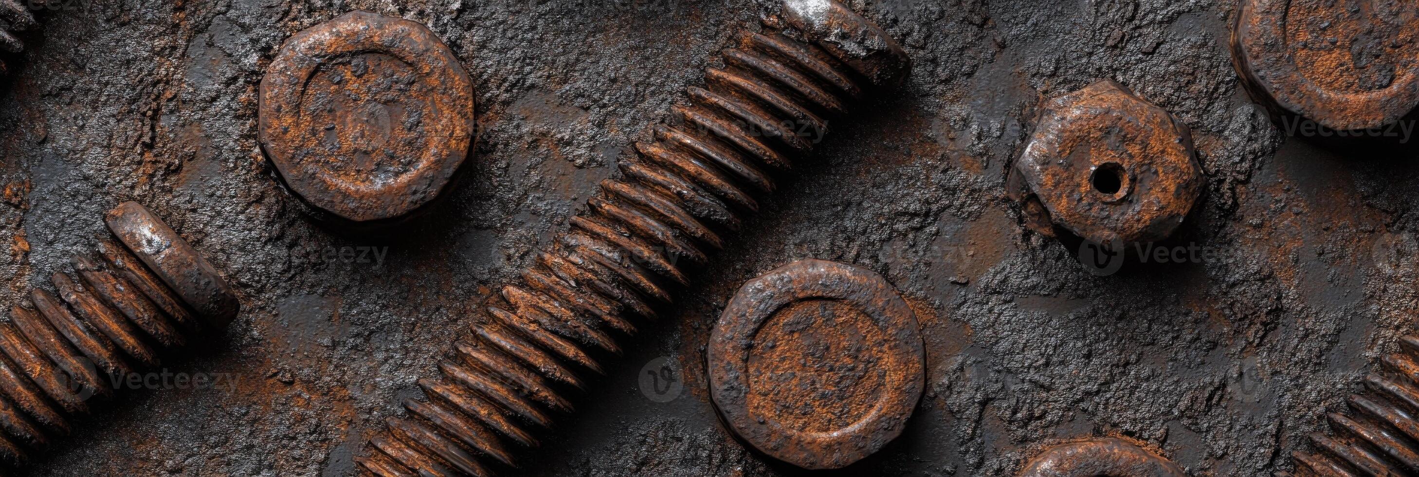 Close-up view of rusty metal bolts and nuts on corroded surface photo
