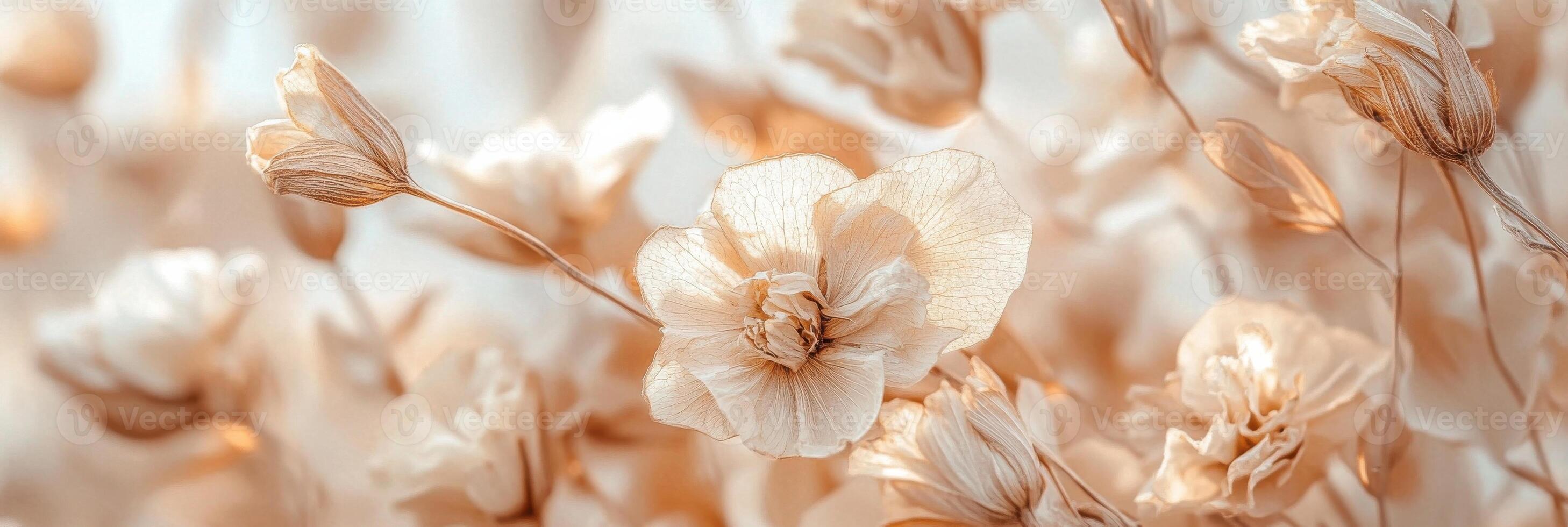 Soft focus blossoms with beige petals creating an airy floral effect photo