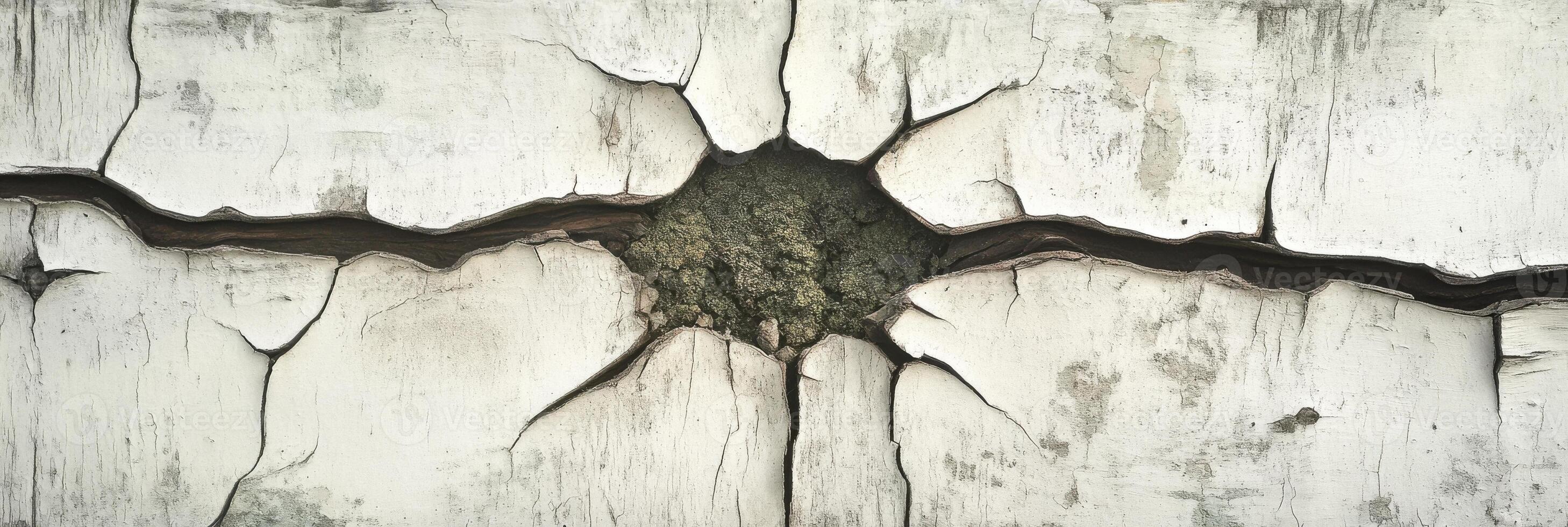 Cracked white paint on aged wood revealing textured surface and central fissure photo