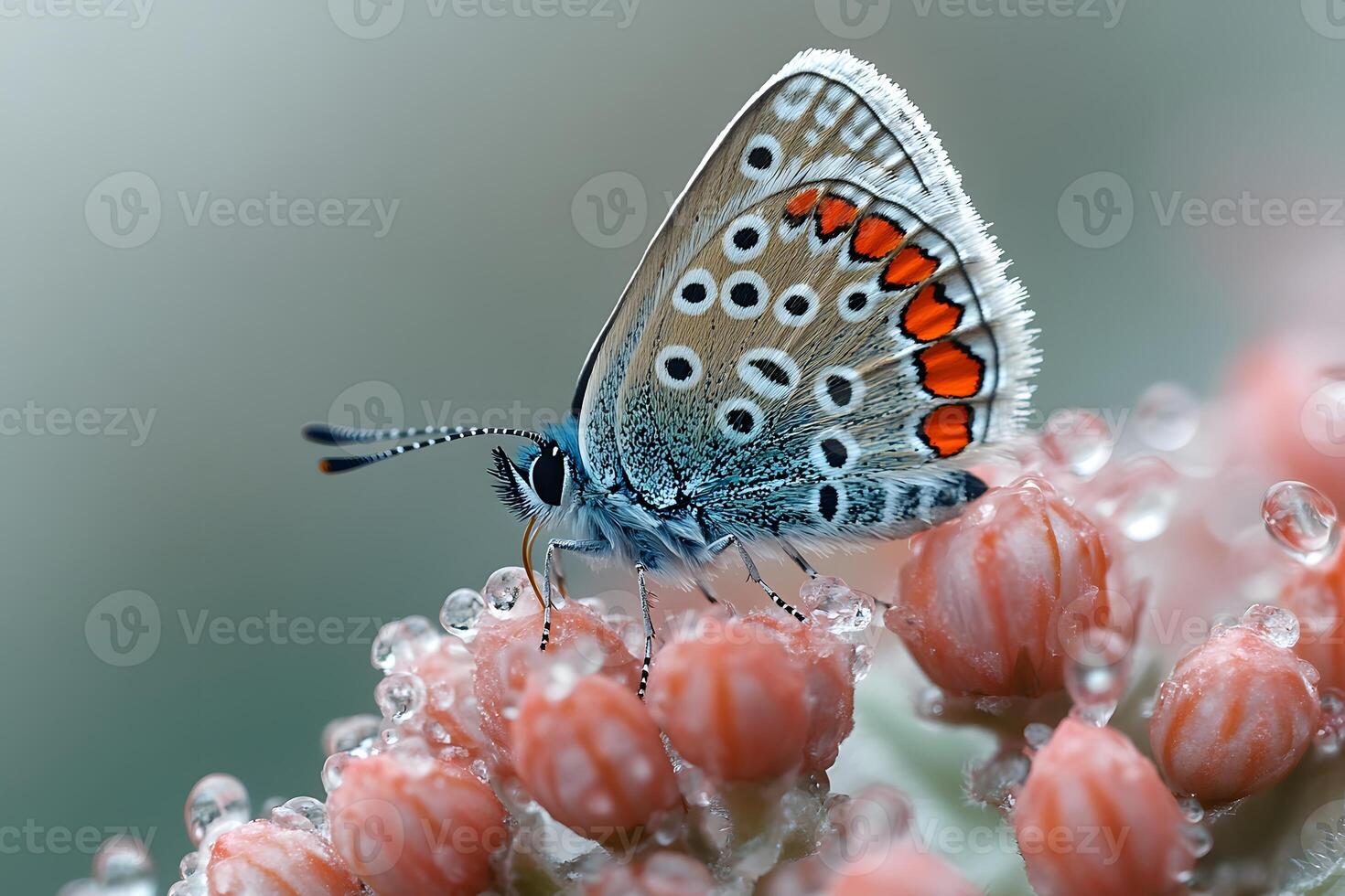 Macro Photography of Blue Butterfly on Dew-Covered Pink Buds for Nature Designs photo