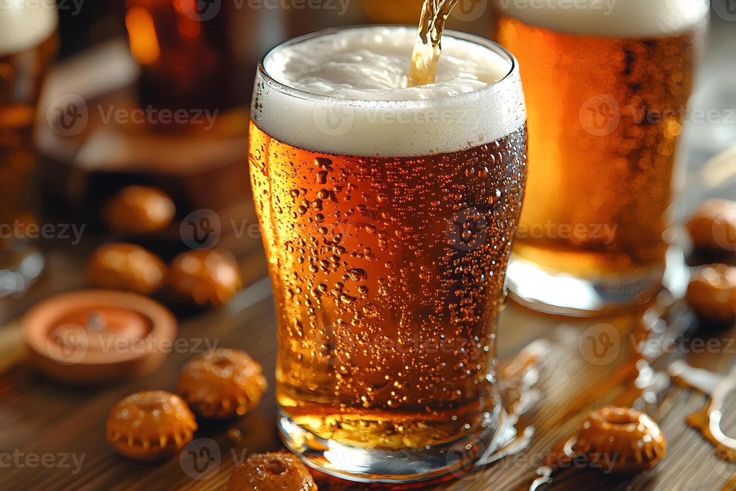 Refreshing Beverage Scene with Cold Beer and Snack Arrangement photo