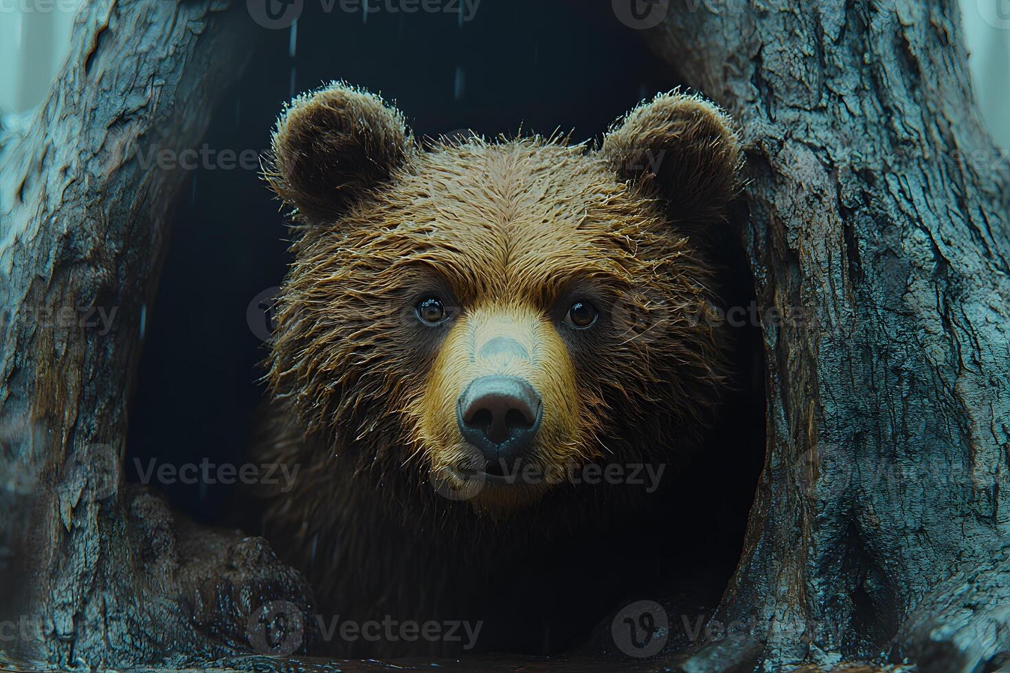 Curious Bear Cub Peering from Tree Hollow in Forest Rain photo