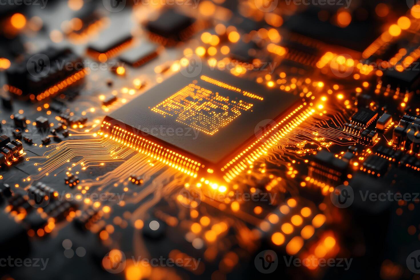 Futuristic Technology Concept Featuring Glowing Microchip on Circuit Board - Ideal for Tech Designs photo