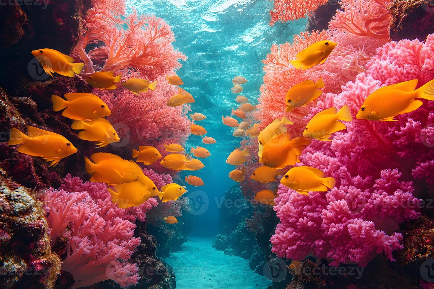Vibrant Coral Reef Underwater Scene with Colorful Fish for Ocean-Themed Design photo