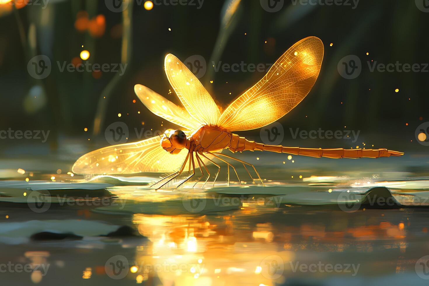 Golden Dragonfly at Dusk on Tranquil Water - Nature's Evening Glow photo
