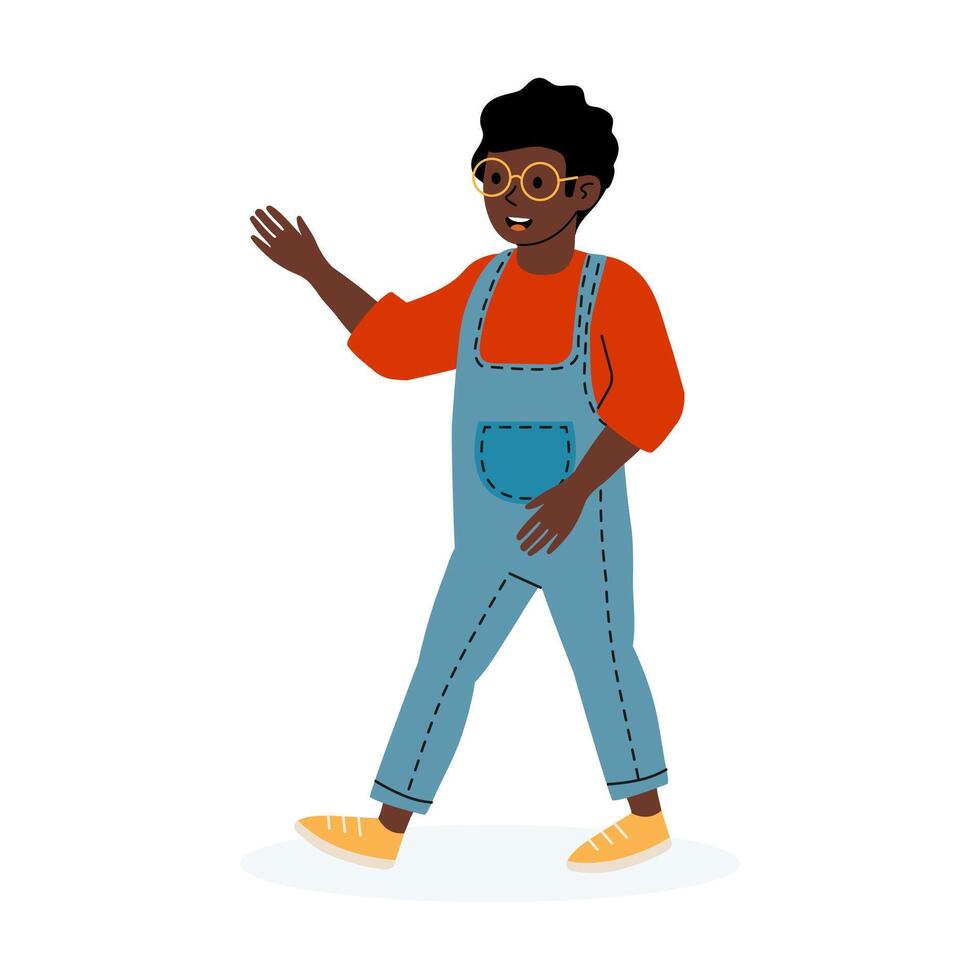 Young person in casual attire waving while walking in a cheerful manner vector