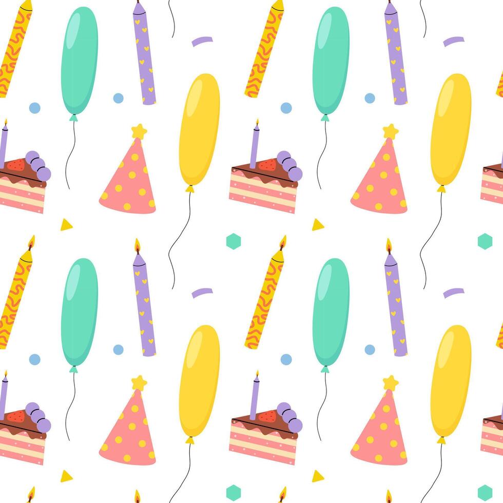 Festive party decorations with balloons, cakes, and party hats in various colors vector