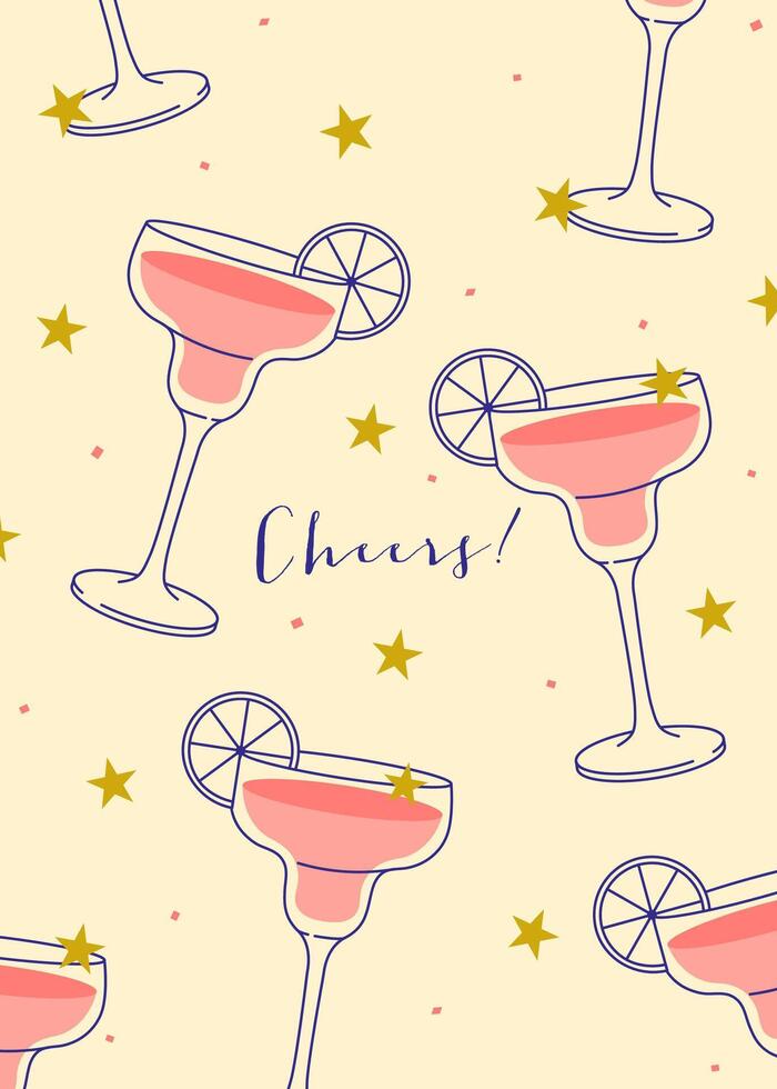Margarita Cocktail Modern flat print. Colorful background with cocktail glasses. Cafe, bar and restaurant concept poster and web banner, illustration vector