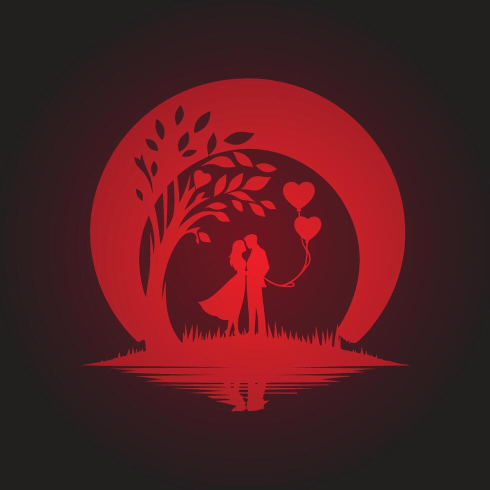 A silhouette of a couple under a tree with hearts vector