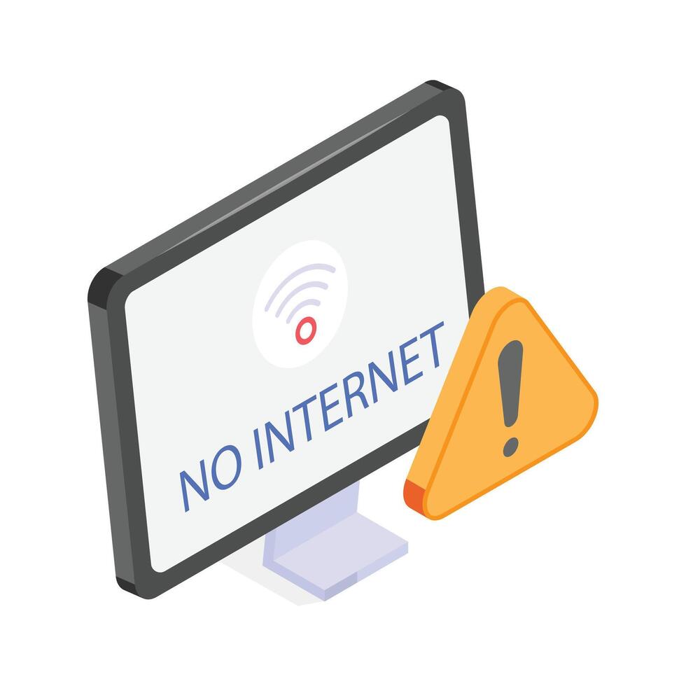 An isometric icon of a computer monitor displaying a No Internet message vector